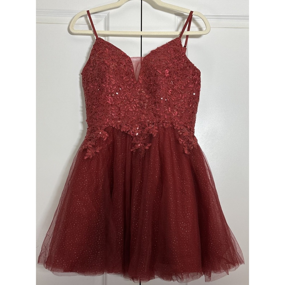NWT Fashion Womens Tulle Homecoming Mini Dress Burgundy Babydoll Cocktail M